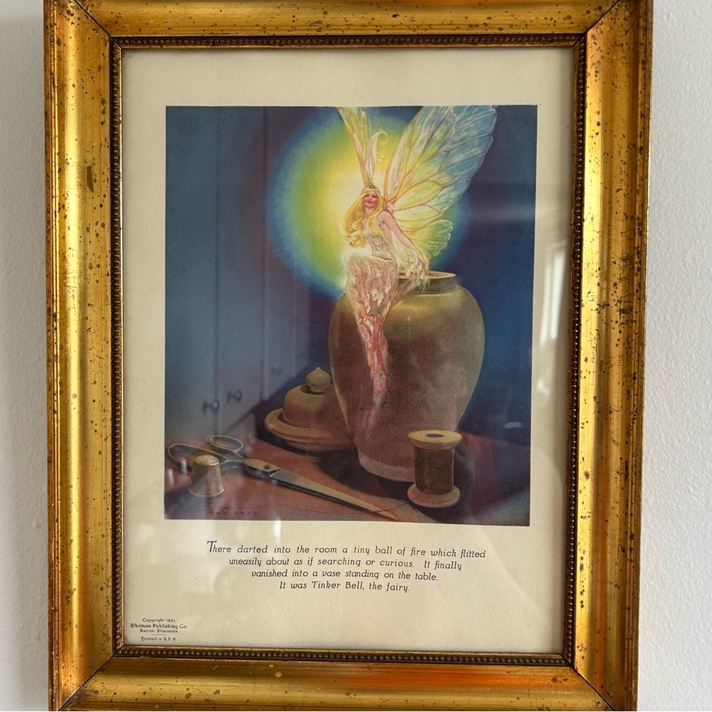 Framed page of Tinkerbell from the Peter Pan book published in 1931.
